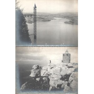 cca 1920 Svájci kilátó, hegyi vasút, csónakázók, tájak, 5 db feliratozott vintage fotó, ezüst zselatinos fotópapíron...