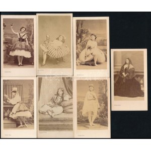 cca 1865 A francia opera énekesei, balett-táncosai, 7 db keményhátú fotó Disdéri műterméből, hátoldalon feliratozva, 10...