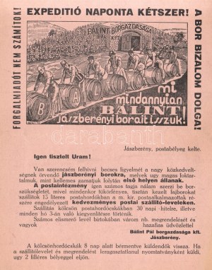 Cca 1930. Bálint Pál Borgazdasága Kft., Jászberény, négy oldalas, illusztrált reklámnyomtatványa...