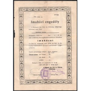 1943 Imaházi engedély XIII. Tar u 2.-ben létesített imaház részére