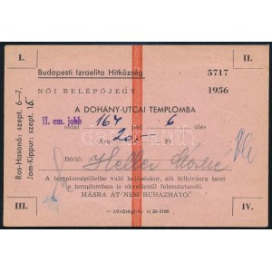 1956 Budapesti Izraelita Hitközség, Dohány utcai templom (zsinagóga) női belépőjegye