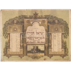 1924 Elhunyt izraelita személy halálának évfordulóit bemutató emléklap, litográfia, sérült, foltos, kartonra kasírozva...