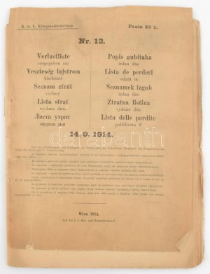 Veszteség lajstrom az elesettekről, 1914.14./.9., a Monarchia összes nyelvén.