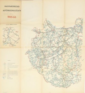 1965-1966 Magyarország autóbusz-hálózata, kétoldalas térkép, kis szakadásokkal, 69x69 cm