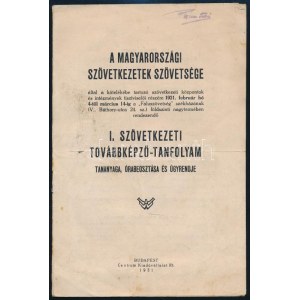 1931 Mo. Szövetkezetek Szövetsége továbbképző tanfolyam, tananyaga 8 p