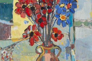 Judyta Sobel (1924 Lviv - 2012 New York), Vase with flowers and cityscape