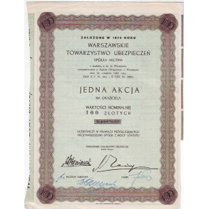 Warszawskie Tow. Ubezpieczeń, akcja 100 zł z 1931 r.