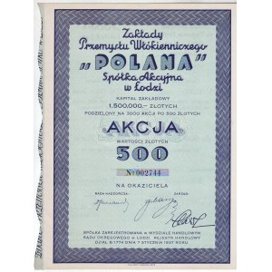 POLANA Z-dy Przemysłu Włókienniczego, akcja na 500 zł, Łódź 1937 r.