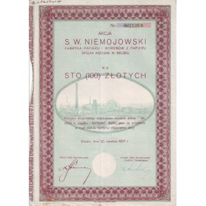 Niemojewski S.W., akcja na 100 zł, Bielsko 1927 r.