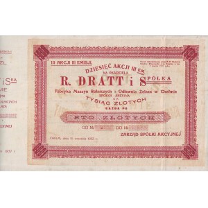 DRATT R. i Spółka, Fabryka w Chełmie, blankiet 10 akcji III emisji na 1000 zł, Chełm 1932 r.