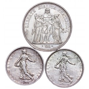 Francie - Stříbro 5, 10 franků LOT - 3ks