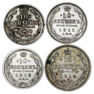 Russia - Nicholas II. , 15, 10 Kopecks LOT - 4 pcs