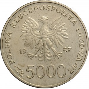 Polska, PRL, 5000 złotych 1987, Jan Paweł II - pastorał, próba niklowa, UNC, WYŚMIENITE!