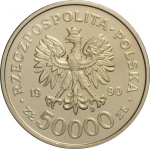 Polska, III RP, 50000 złotych 1990, 10 lat Solidarności, próba niklowa, UNC, WYŚMIENITE!