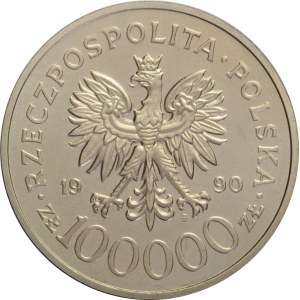 Polska, III RP, 100000 złotych 1990, 10 lat Solidarności, próba niklowa, UNC, WYŚMIENITE!