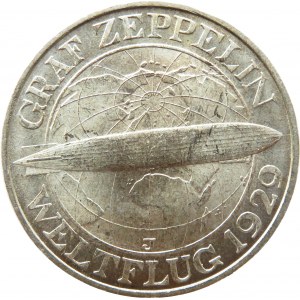 Niemcy, Republika Weimarska, 3 marki 1929 J, Hamburg, Graf Zeppelin, UNC