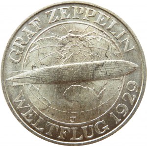 Niemcy, Republika Weimarska, 3 marki 1929 J, Hamburg, Graf Zeppelin, UNC