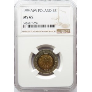 Polska, III RP, 5 złotych 1994, NGC MS65