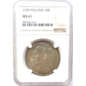 Polska, II RP, Józef Piłsudski, 10 złotych 1939, NGC MS61