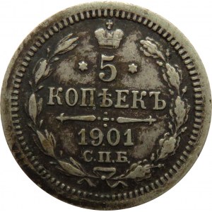 Rosja, Mikołaj II, 5 kopiejek 1901 AP, Petersburg, rzadsza odmiana