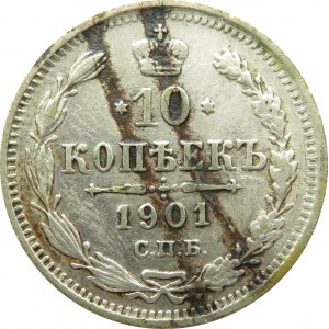 Rosja, Mikołaj II, 10 kopiejek 1901 AP, Petersburg, rzadszy mincerz