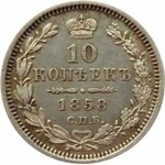 Rosja, Aleksander II, 10 kopiejek 1858 FB, Petersburg, piękna
