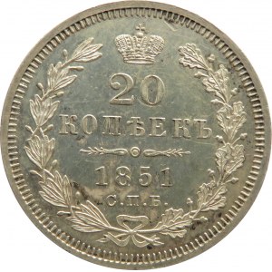 Rosja, Mikołaj I, 20 kopiejek 1851 PA, Petersburg, UNC