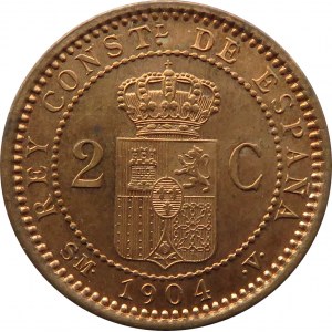 Hiszpania, Alfonso XIII, 2 centimos 1904, PIĘKNE, UNC