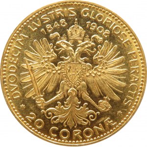 Austro-Węgry, Franciszek Józef I, 20 koron 1908, emisja jubileuszowa 60 lat panowania cesarza, UNC-