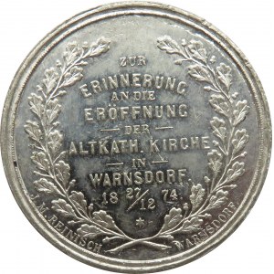 Austria, medal upamiętniający budowę Starokatolickiego Kościoła w Warnsdorf w 1874 roku