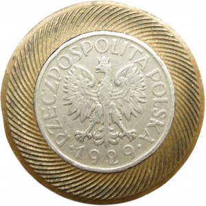 Polska, II RP, odznaka patriotyczna z monetą 1 złoty 1929 na śrubę, CIEKAWOSTKA