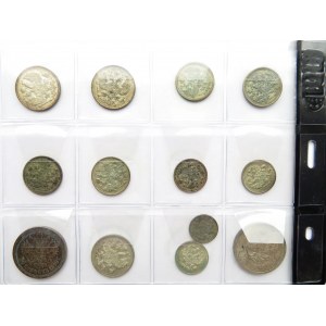 Rosja, Mikołaj II, zestaw 13 sztuk srebrnych monet, od 5 do 50 kopiejek