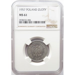 Polska, PRL, 1 złoty 1957, NGC MS61, najrzadszy rocznik 
