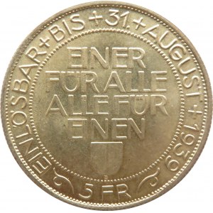 Szwajcaria, 5 franków 1939, Zawody Strzeleckie w Luzernie, UNC