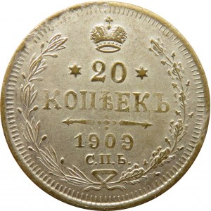 Rosja, Mikołaj II, 20 kopiejek 1909 EB, falsyfikat z epoki, mosiądz srebrzony