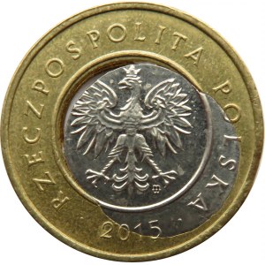 Polska, III RP, 2 złote 2015, destrukt niesymetrycznie przesunięty rdzeń i ubytek w środku monety