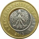 Polska, III RP, 2 złote 2015, destrukt niesymetrycznie przesunięty rdzeń i ubytek w środku monety