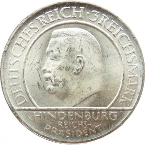 Niemcy, Republika Weimarska, 3 marki 1929 J, Przysięga prezydenta Hindenburga, UNC
