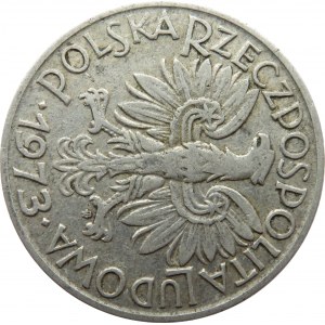 Polska, PRL, Rybak, 5 złotych 1973, destrukt - odwrotka o 45 stopni
