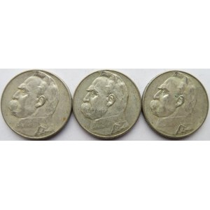 Polska, II RP, Józef Piłsudski, 5 złotych 1934-36, Warszawa, zestaw 3 sztuk 