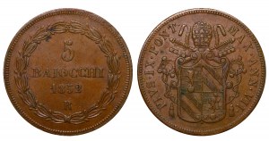 Papal States, 5 Baiocchi, 1852 year, R, VII