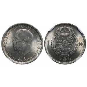 Sweden, 1 Krona, 1945 year, G, NGC, MS 64