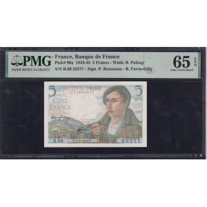 France, 5 Francs, 1943-1944, Gem UNC 65 EPQ