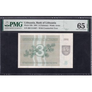 Lithuania, 3 Talonas, 1991, Gem UNC 65 EPQ