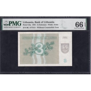 Lithuania, 3 Talonas, 1991, Gem UNC 66 EPQ