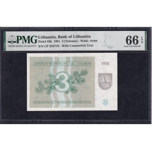 Lithuania, 3 Talonas, 1991, Gem UNC 66 EPQ