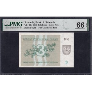 Lithuania, 3 Talonas, 1991, Gem UNC 66 EPQ