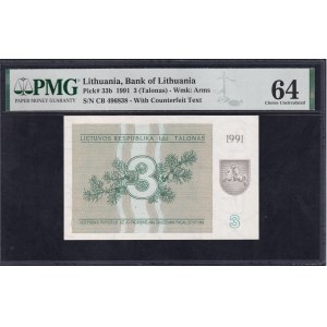 Lithuania, 3 Talonas, 1991, Choice UNC 64