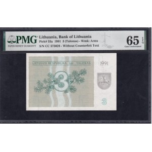 Lithuania, 3 Talonas, 1991, Gem UNC 65 EPQ