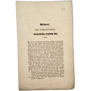 [Bractwo Trzeźwości]- Dekret Papieża Piusa IX do Biskupa Wrocławskiego Melchiora - Rzym / Wrocław 1851